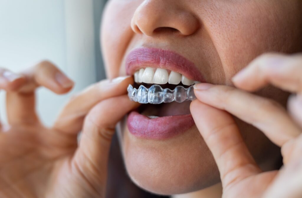 A close-up image of someone putting a clear aligner in their mouth.