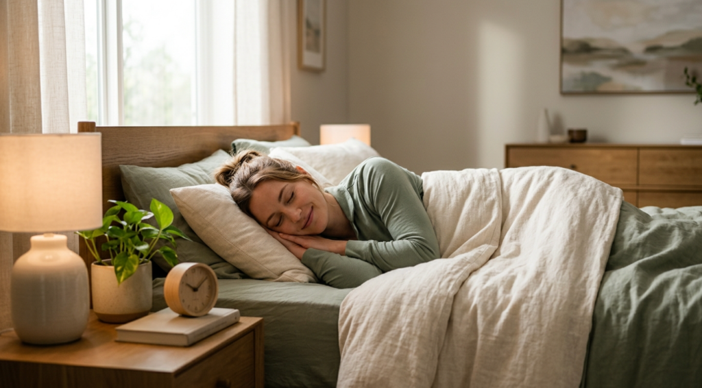 A person sleeping in bed comfortably with a sleep appliance in their mouth