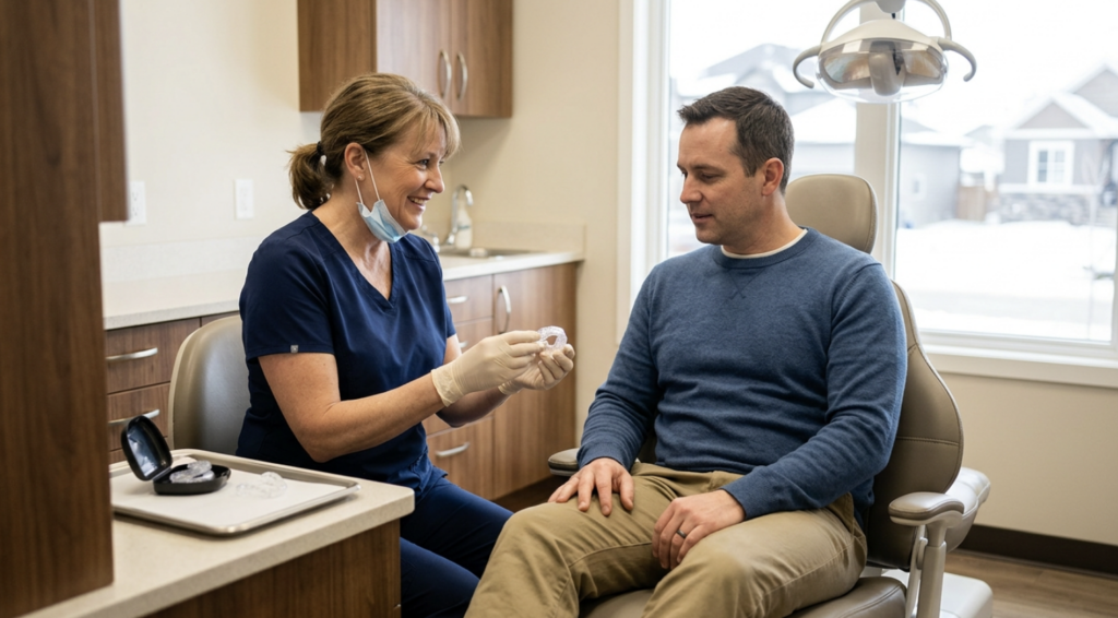 A dentist showing a patient the new ProSomnus Sleep Appliance