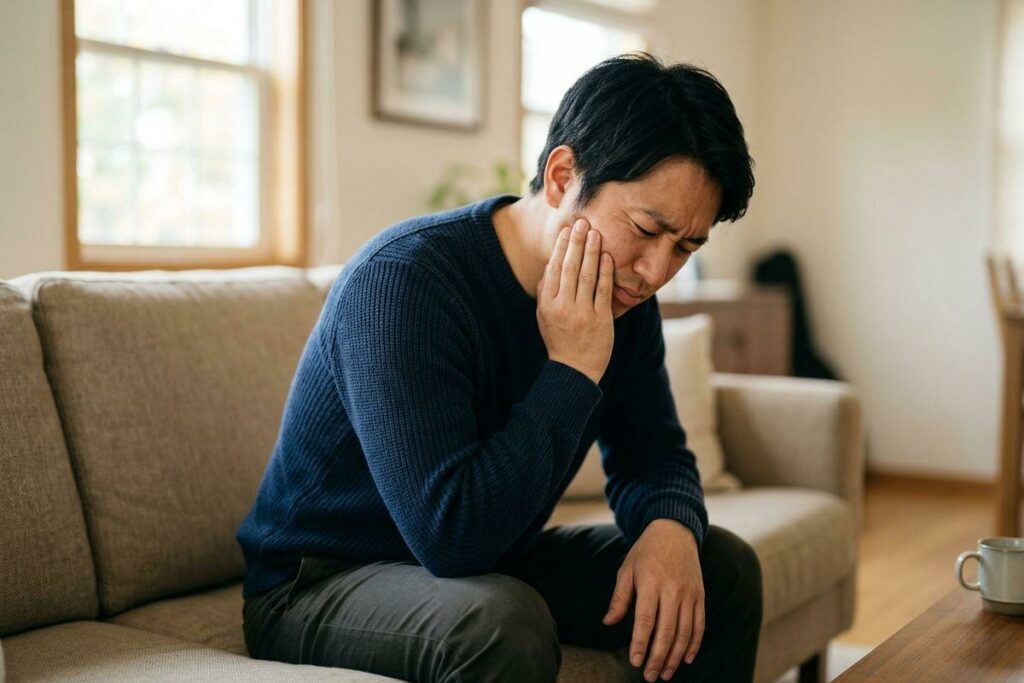 a person holding their jaw in pain.